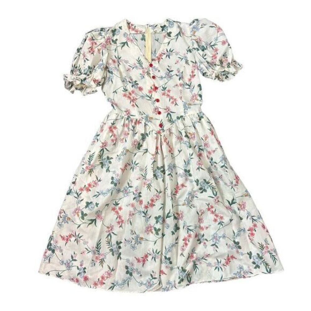 Handmade Vintage Midi Dress Floral Puff Sleeve 8 White Green Pink Ruffle Cottage